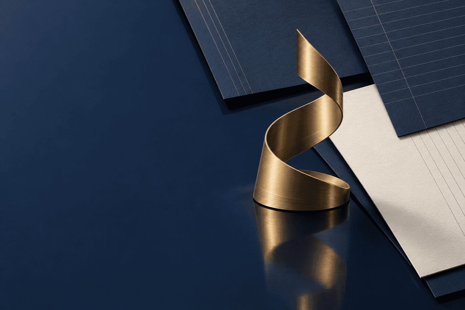A brushed brass ribbon sculpture standing on a deep navy surface beside ruled navy and cream ledger sheets.