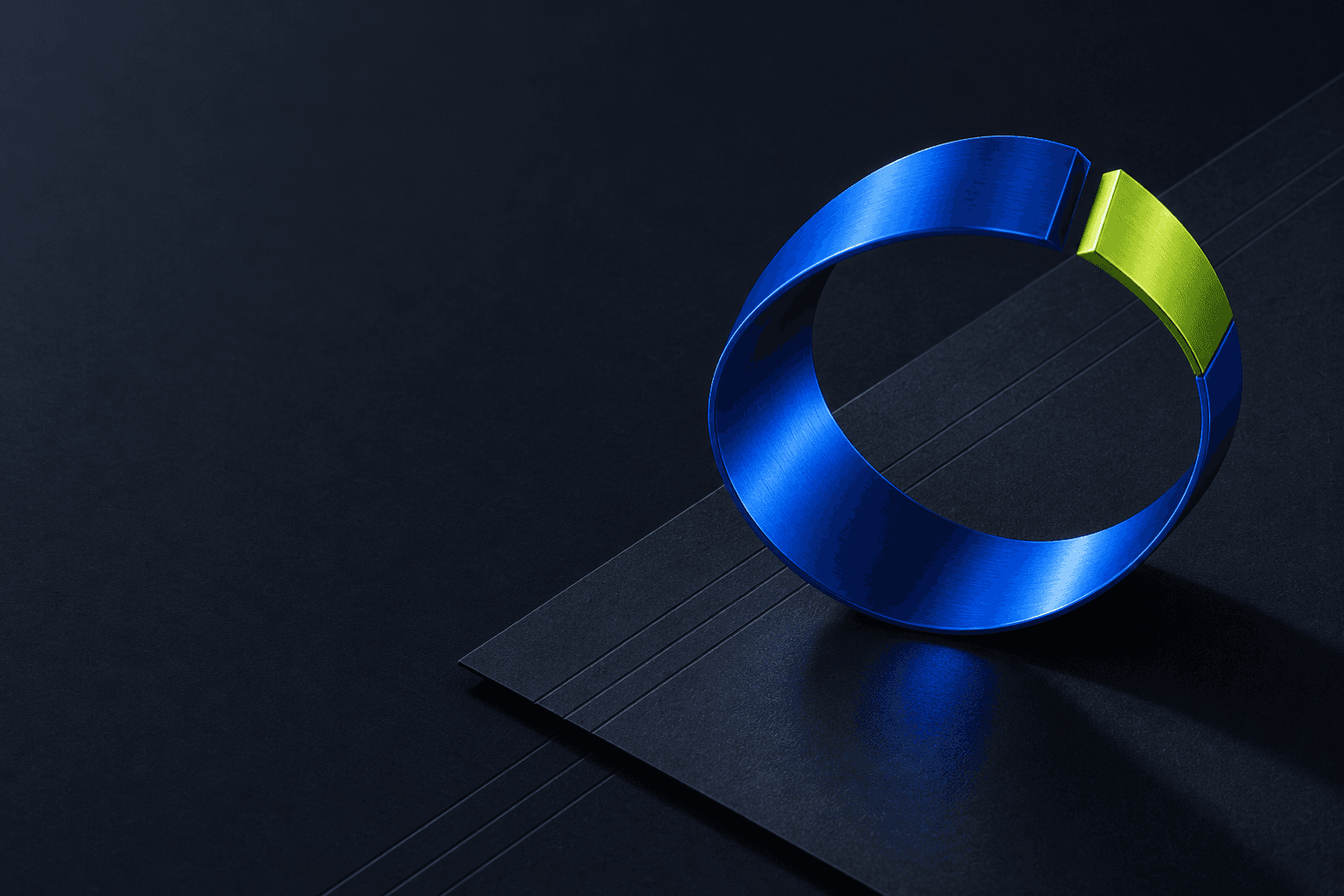 A brushed electric-blue metal ring with one lime segment set into its break, standing on a lined near-black card.